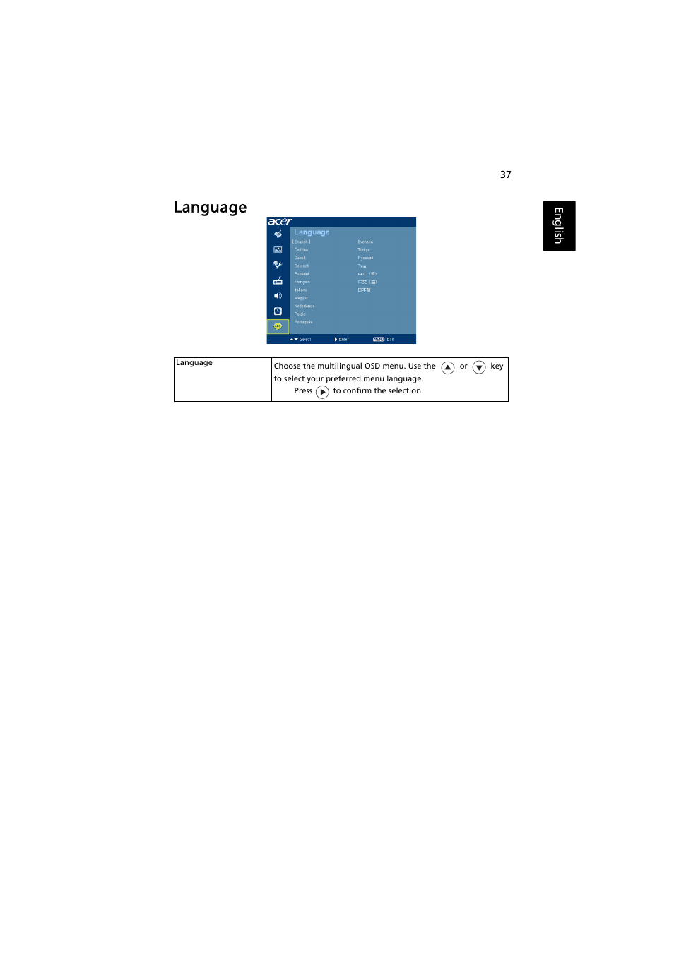 Language | Acer P5271 User Manual | Page 49 / 70