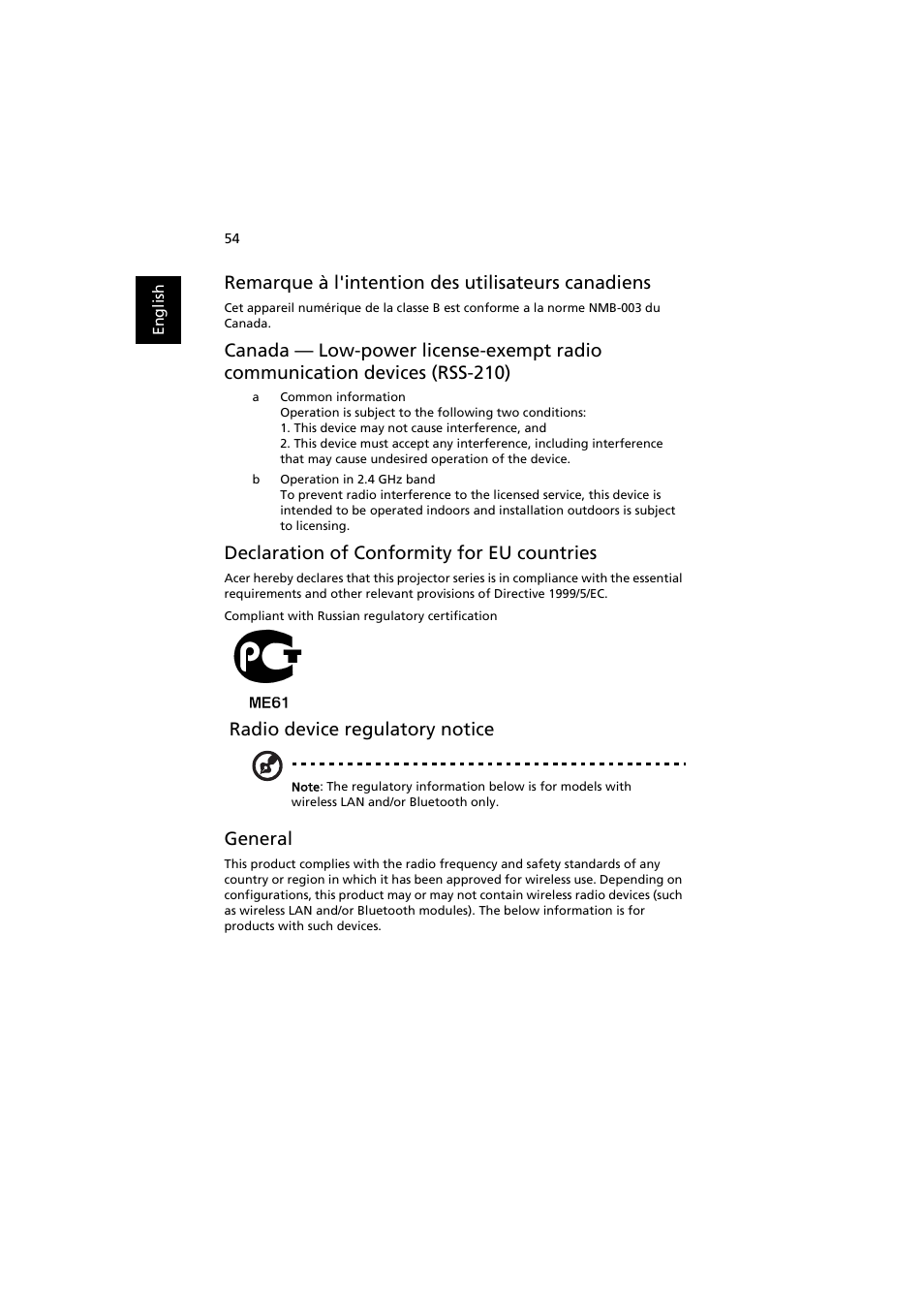 Remarque à l'intention des utilisateurs canadiens, Declaration of conformity for eu countries, Radio device regulatory notice | General | Acer P5271 User Manual | Page 66 / 70