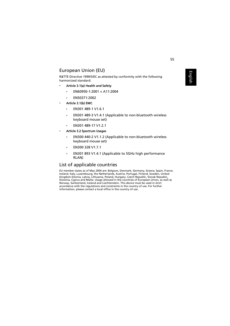 European union (eu), List of applicable countries | Acer P5271 User Manual | Page 67 / 70