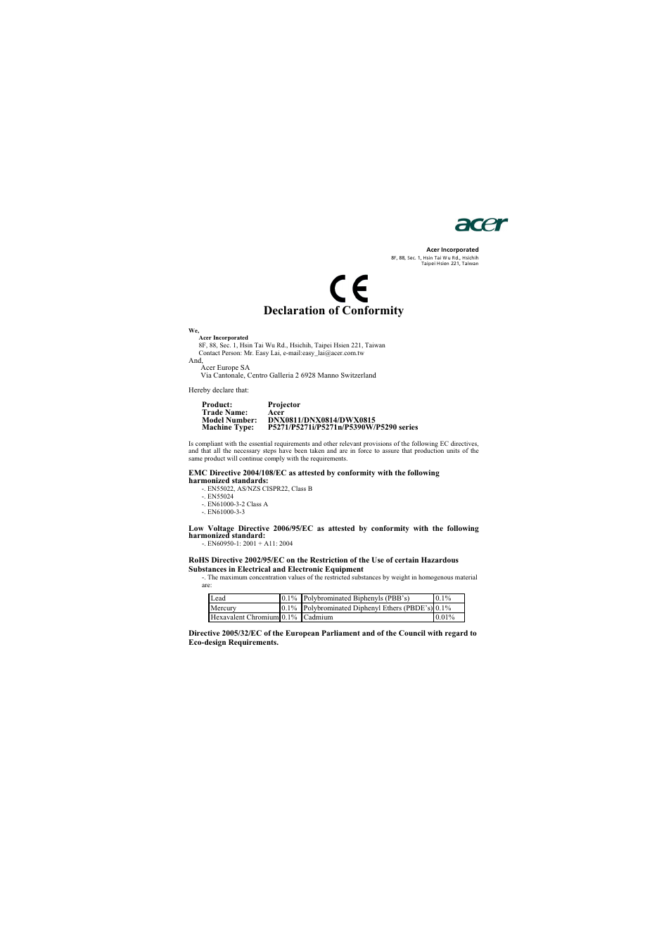 Declaration of conformity | Acer P5271 User Manual | Page 69 / 70