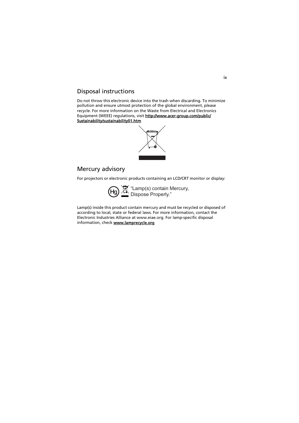 Disposal instructions, Mercury advisory | Acer P5271 User Manual | Page 9 / 70