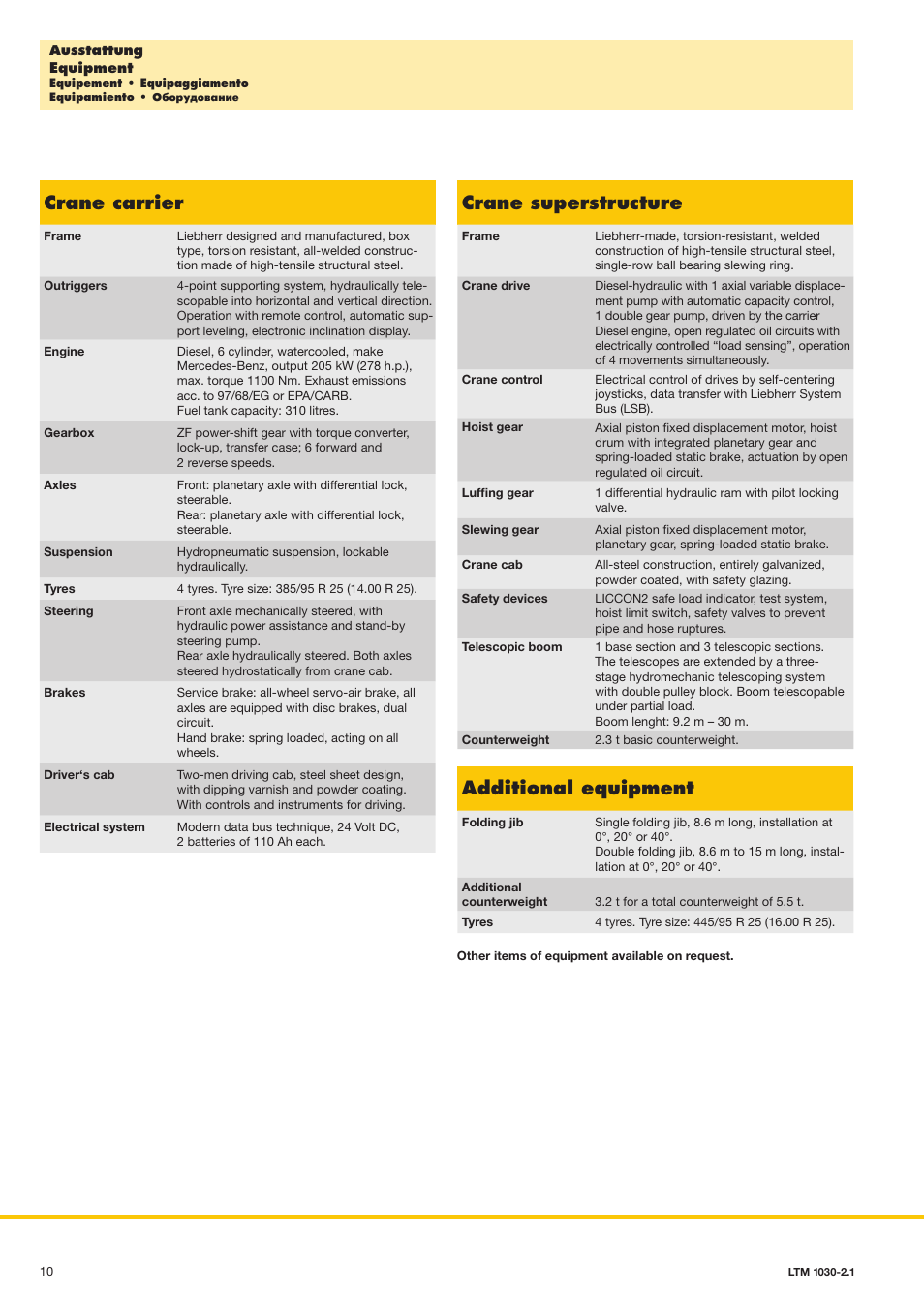 Crane carrier, Crane superstructure, Additional equipment | Liebherr LTM 1030-2.1 User Manual | Page 10 / 16