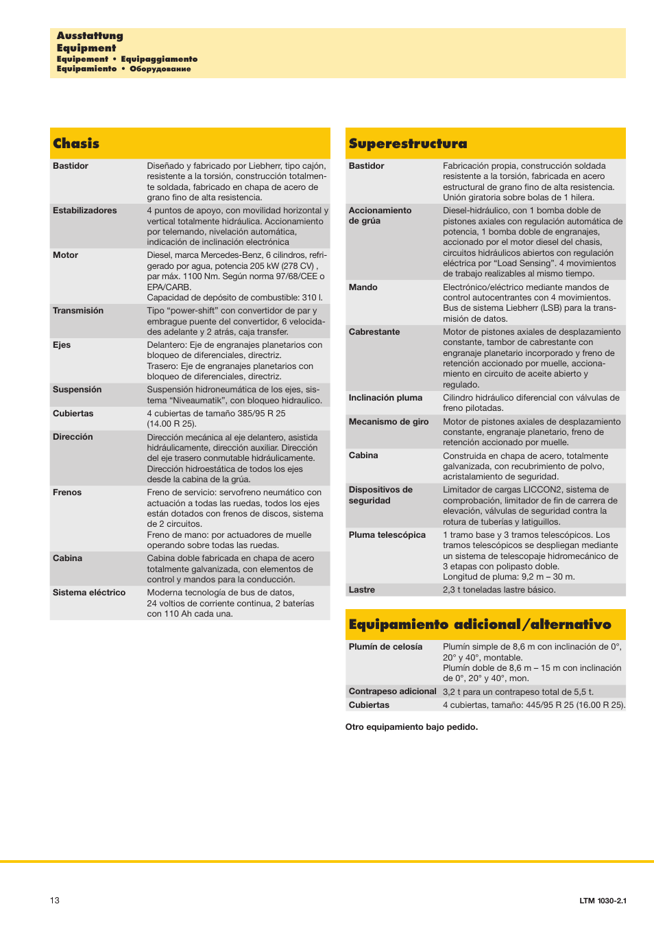 Chasis, Superestructura, Equipamiento adicional/alternativo | Liebherr LTM 1030-2.1 User Manual | Page 13 / 16