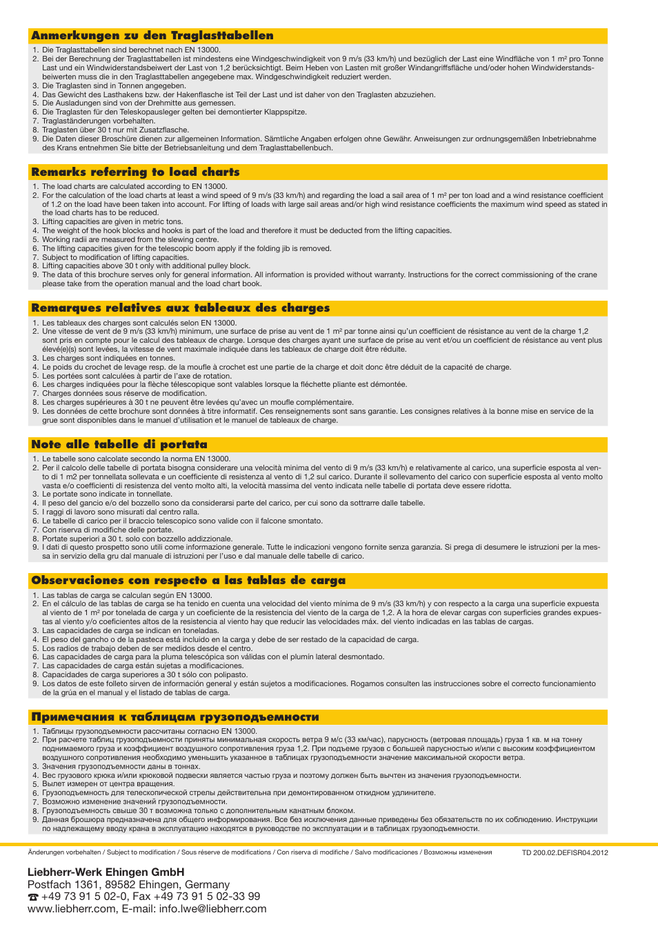 Примечания к таблицам грузоподъемности, Remarks referring to load charts, Remarques relatives aux tableaux des charges | Observaciones con respecto a las tablas de carga, Anmerkungen zu den traglasttabellen | Liebherr LTM 1030-2.1 User Manual | Page 16 / 16