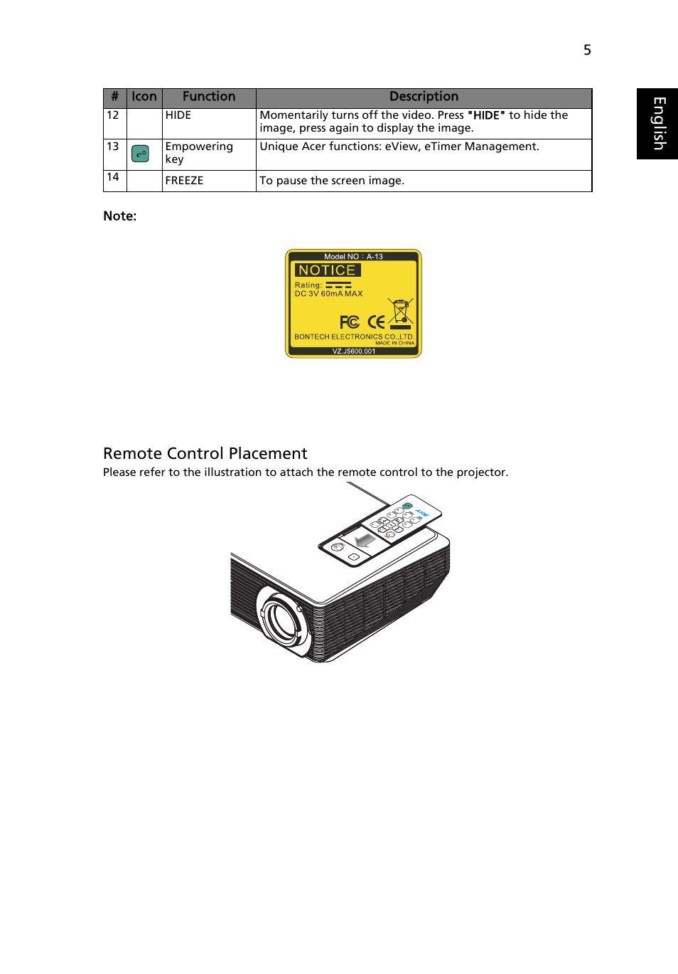 Eng lis h, Remote control placement | Acer X1160 User Manual | Page 17 / 52