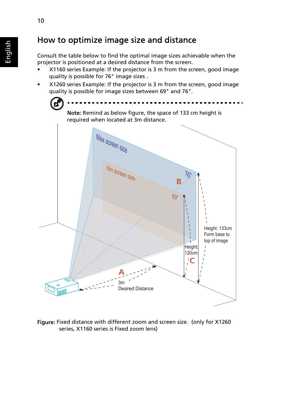 How to optimize image size and distance, Max screen size 76, Ac b | Acer X1160 User Manual | Page 22 / 52