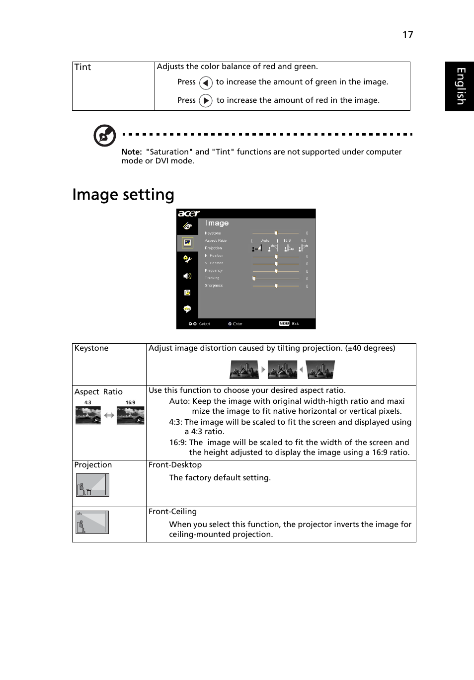 Image setting, Eng lis h | Acer X1160 User Manual | Page 29 / 52