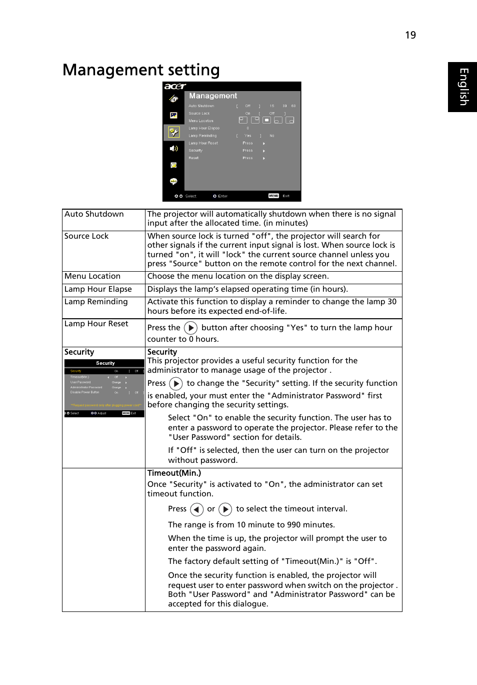 Management setting, Eng lis h | Acer X1160 User Manual | Page 31 / 52
