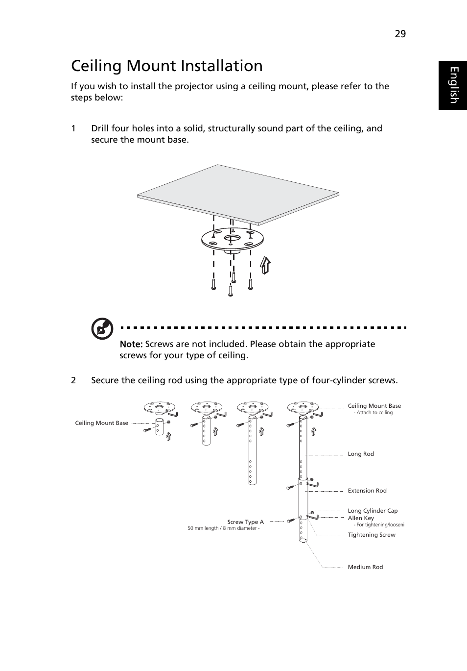 Ceiling mount installation, Eng lis h | Acer X1160 User Manual | Page 41 / 52