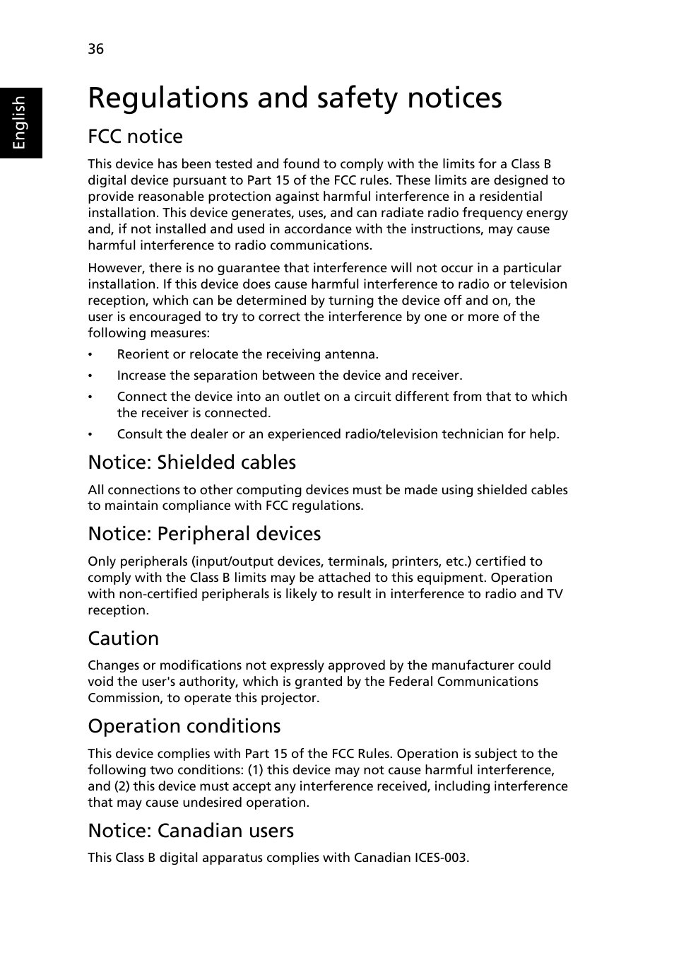 Regulations and safety notices, Fcc notice, Notice: shielded cables | Notice: peripheral devices, Caution, Operation conditions, Notice: canadian users | Acer X1160 User Manual | Page 48 / 52
