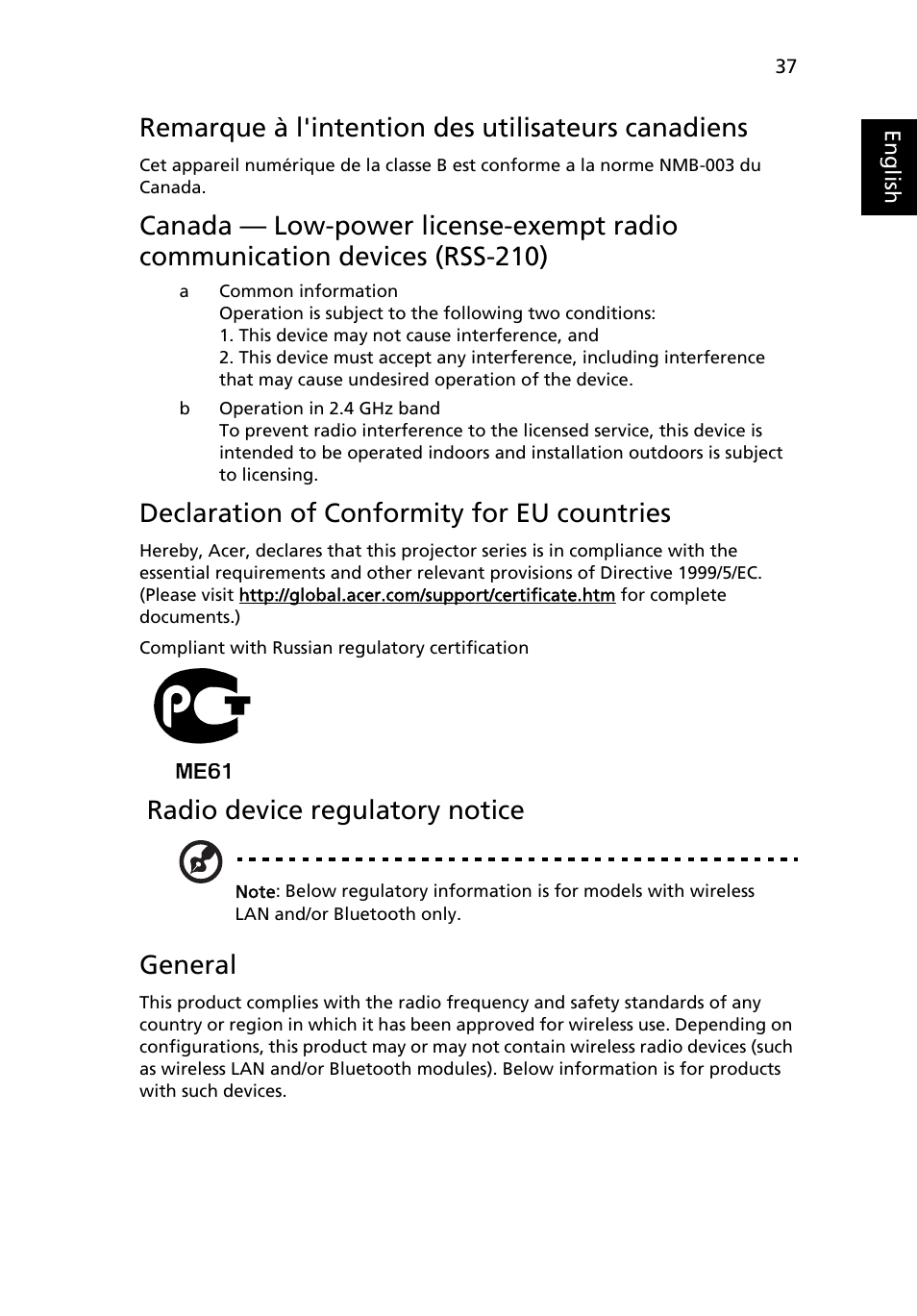 Remarque à l'intention des utilisateurs canadiens, Declaration of conformity for eu countries, Radio device regulatory notice | General | Acer X1160 User Manual | Page 49 / 52
