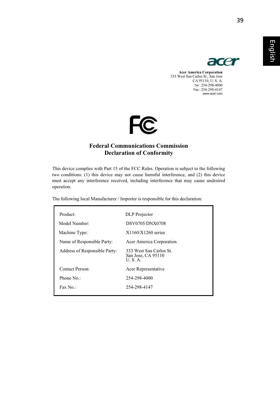 Eng lish eng lis h | Acer X1160 User Manual | Page 51 / 52