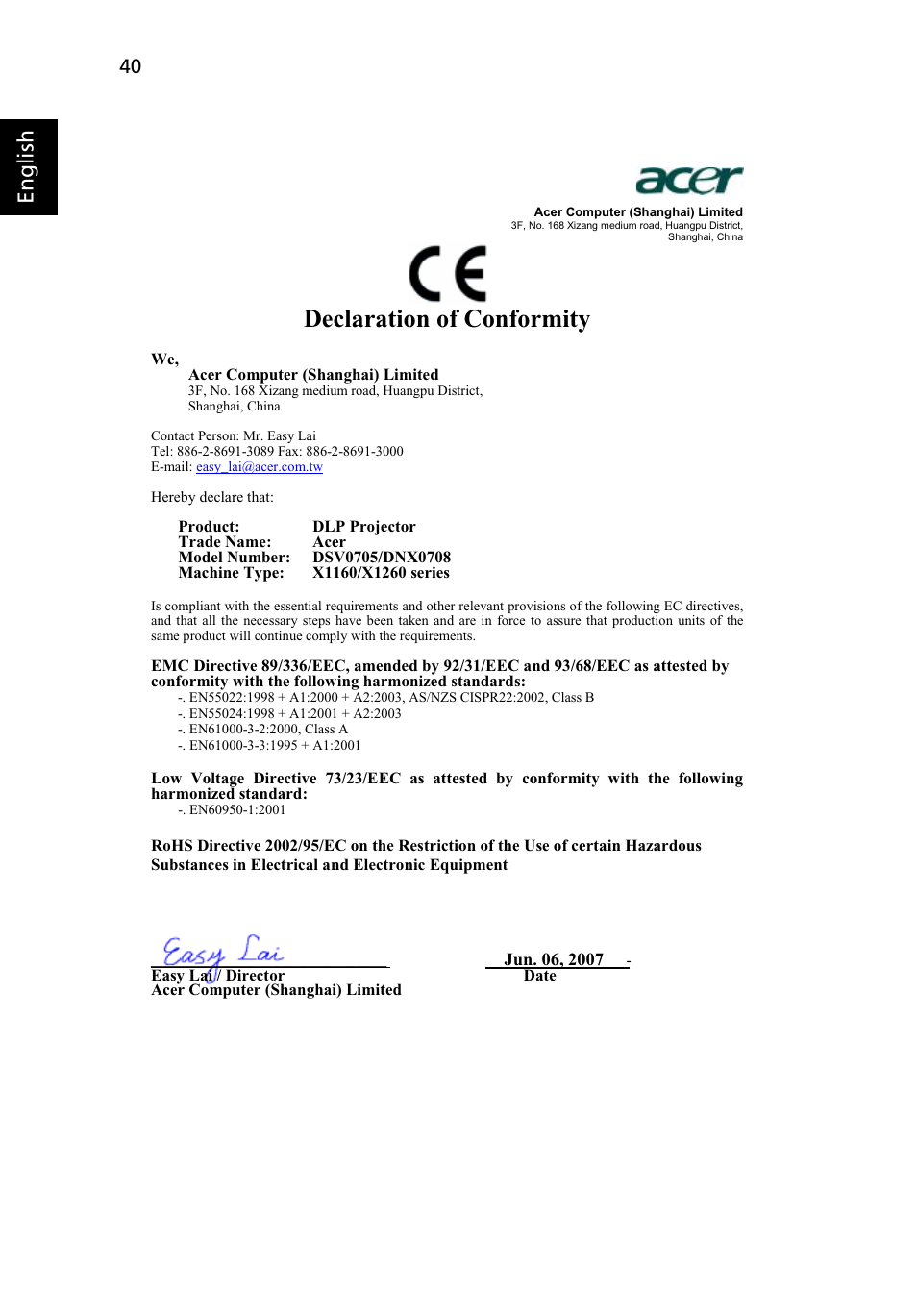 Declaration of conformity, English | Acer X1160 User Manual | Page 52 / 52