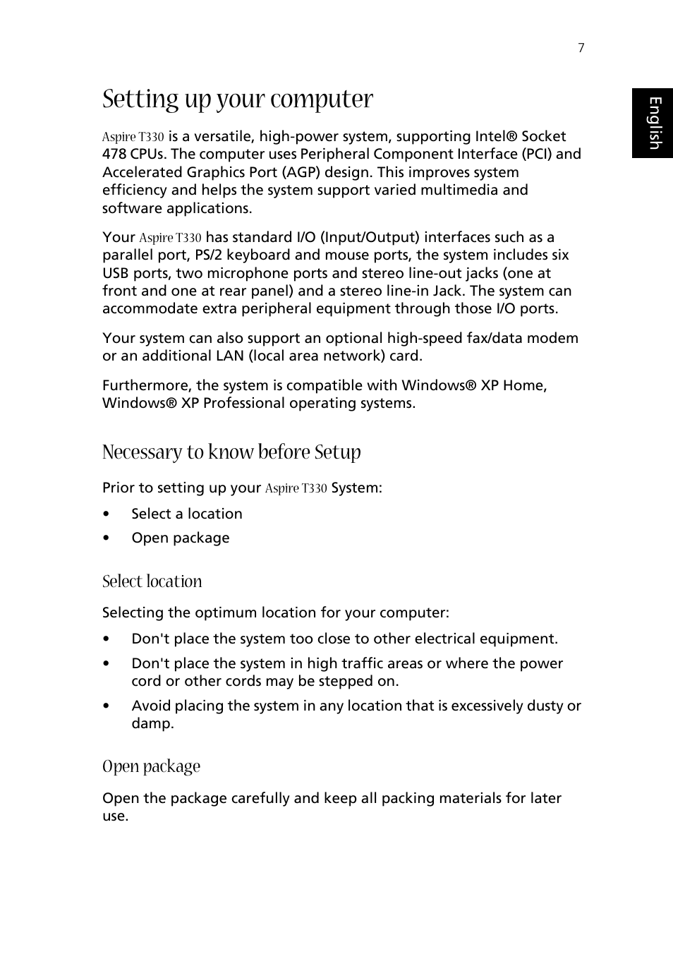 Setting up your computer, Necessary to know before setup, Select location | Open package | Acer Aspire T330 User Manual | Page 11 / 21