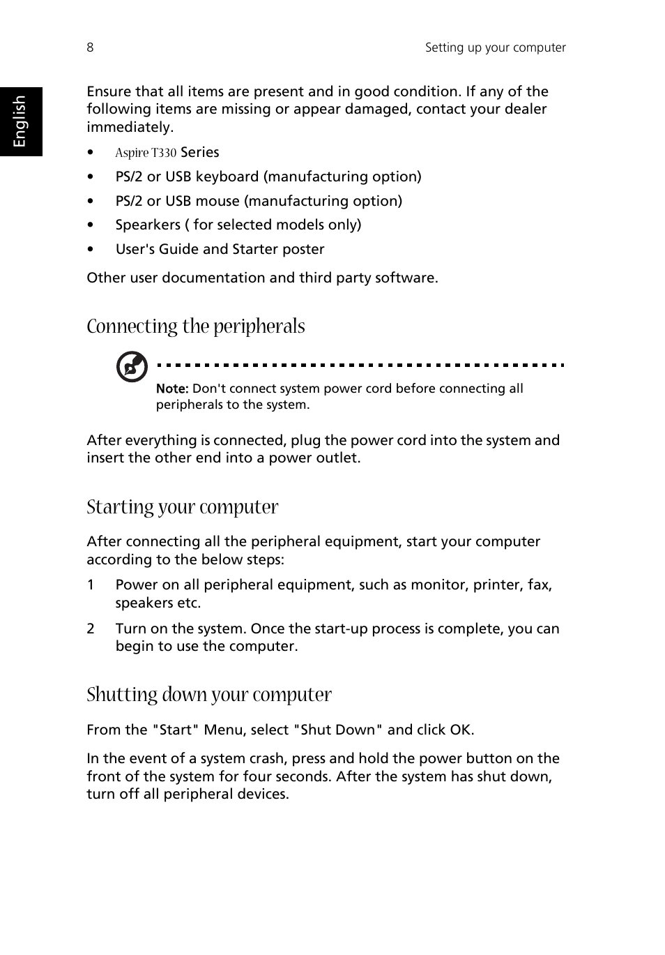 Connecting the peripherals, Starting your computer, Shutting down your computer | Acer Aspire T330 User Manual | Page 12 / 21