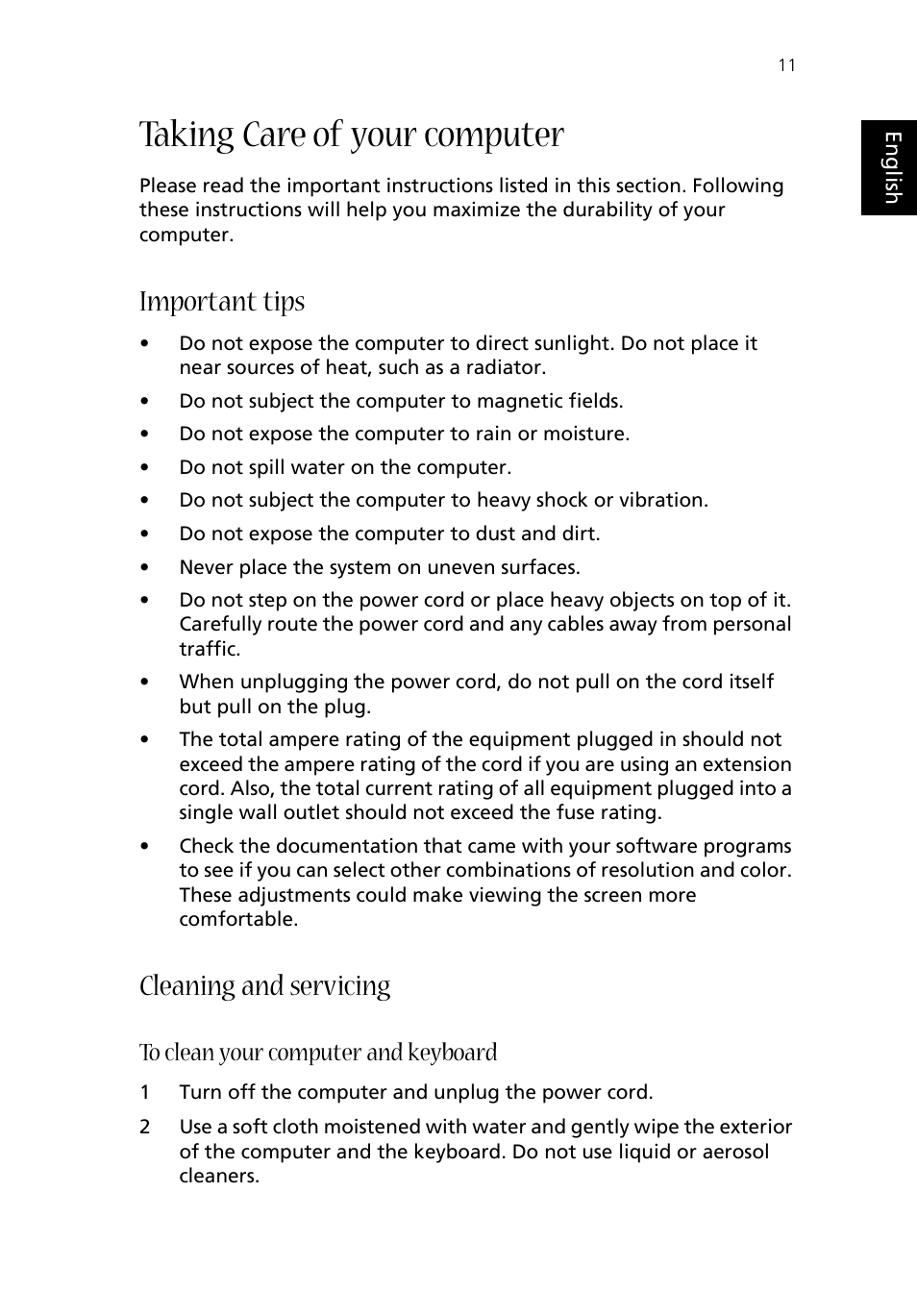 Taking care of your computer, Important tips, Cleaning and servicing | To clean your computer and keyboard | Acer Aspire T330 User Manual | Page 15 / 21