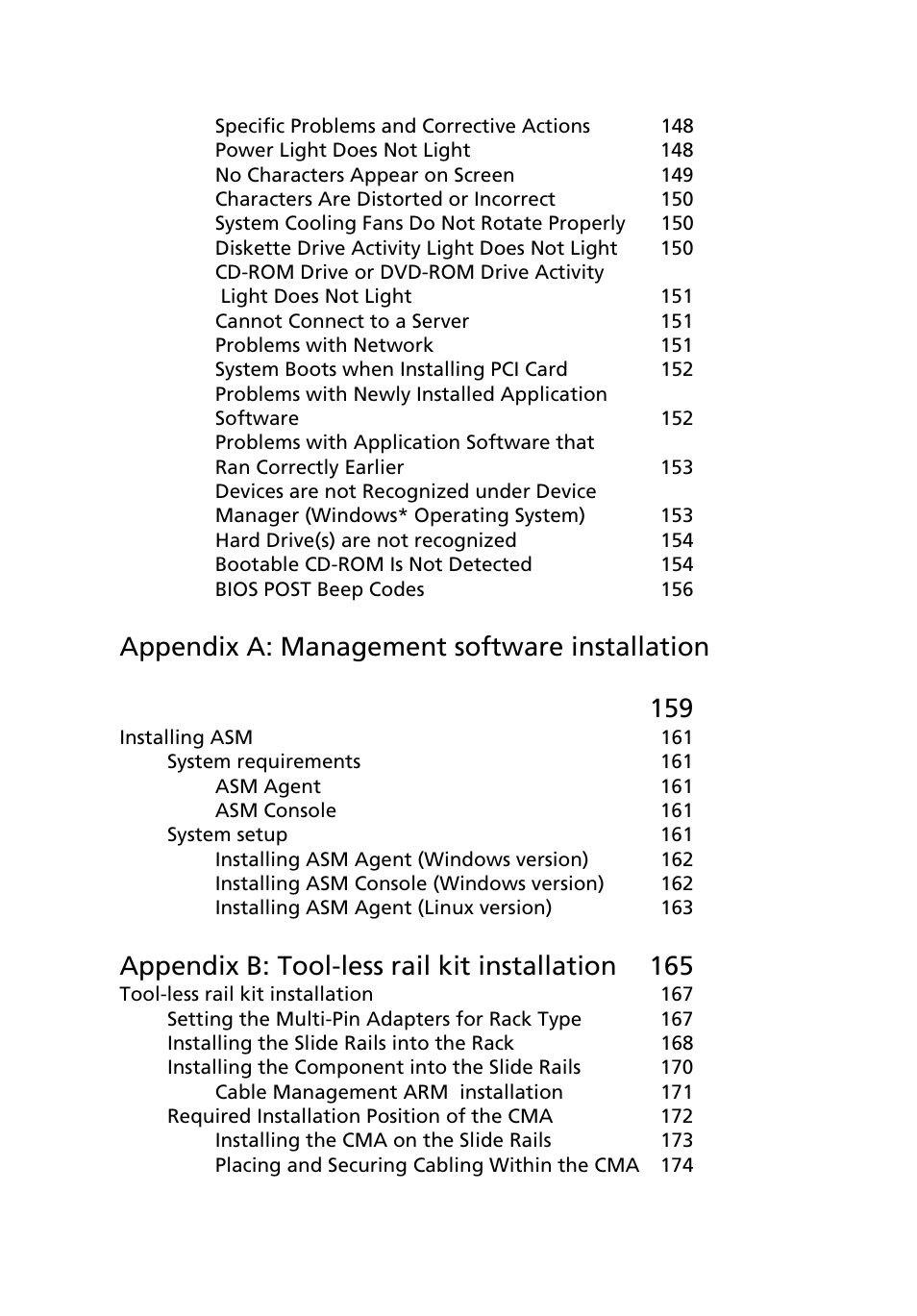 Appendix a: management software installation 159, Appendix b: tool-less rail kit installation 165 | Acer Altos R710 User Manual | Page 10 / 214