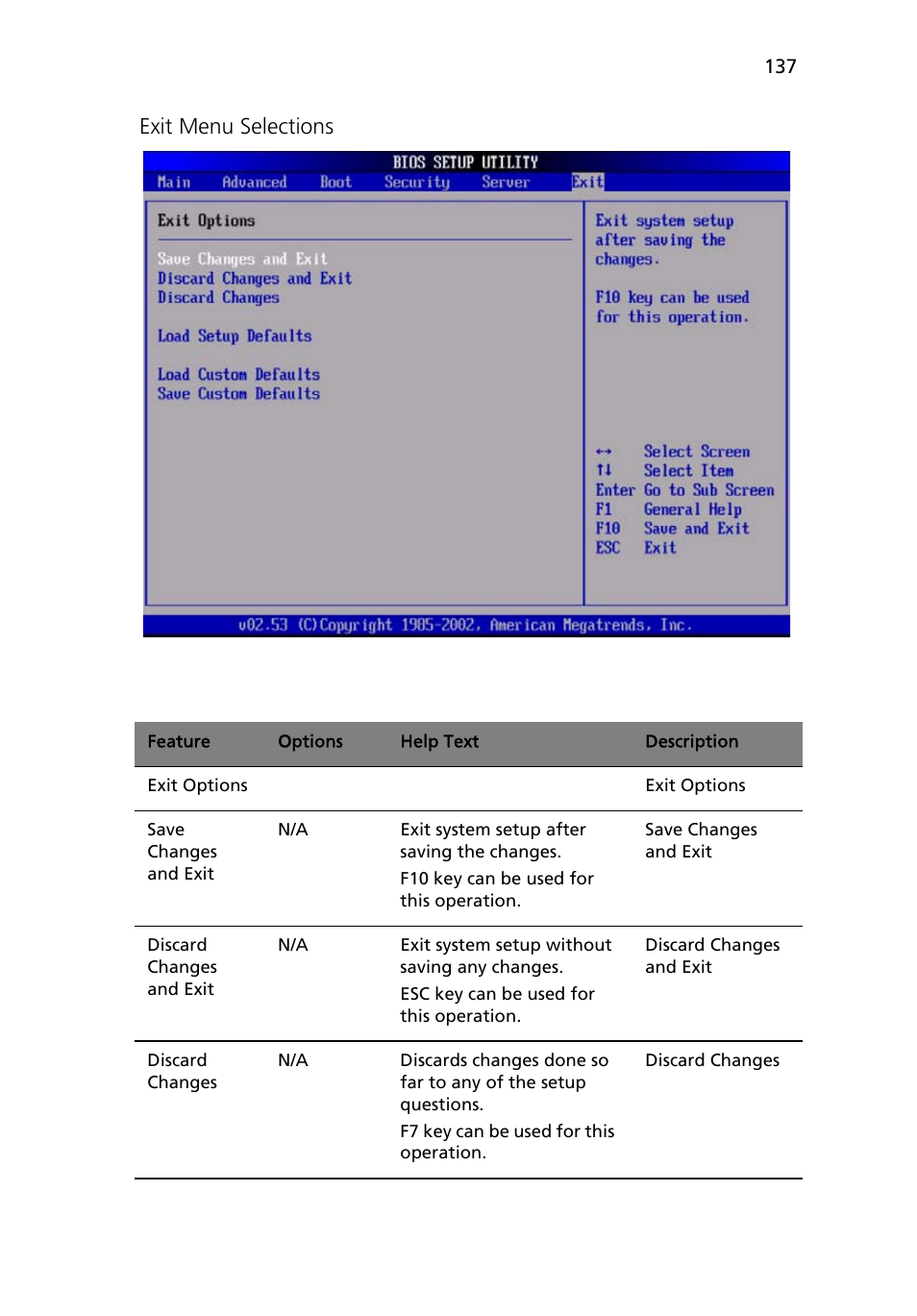 Exit menu selections | Acer Altos R710 User Manual | Page 149 / 214