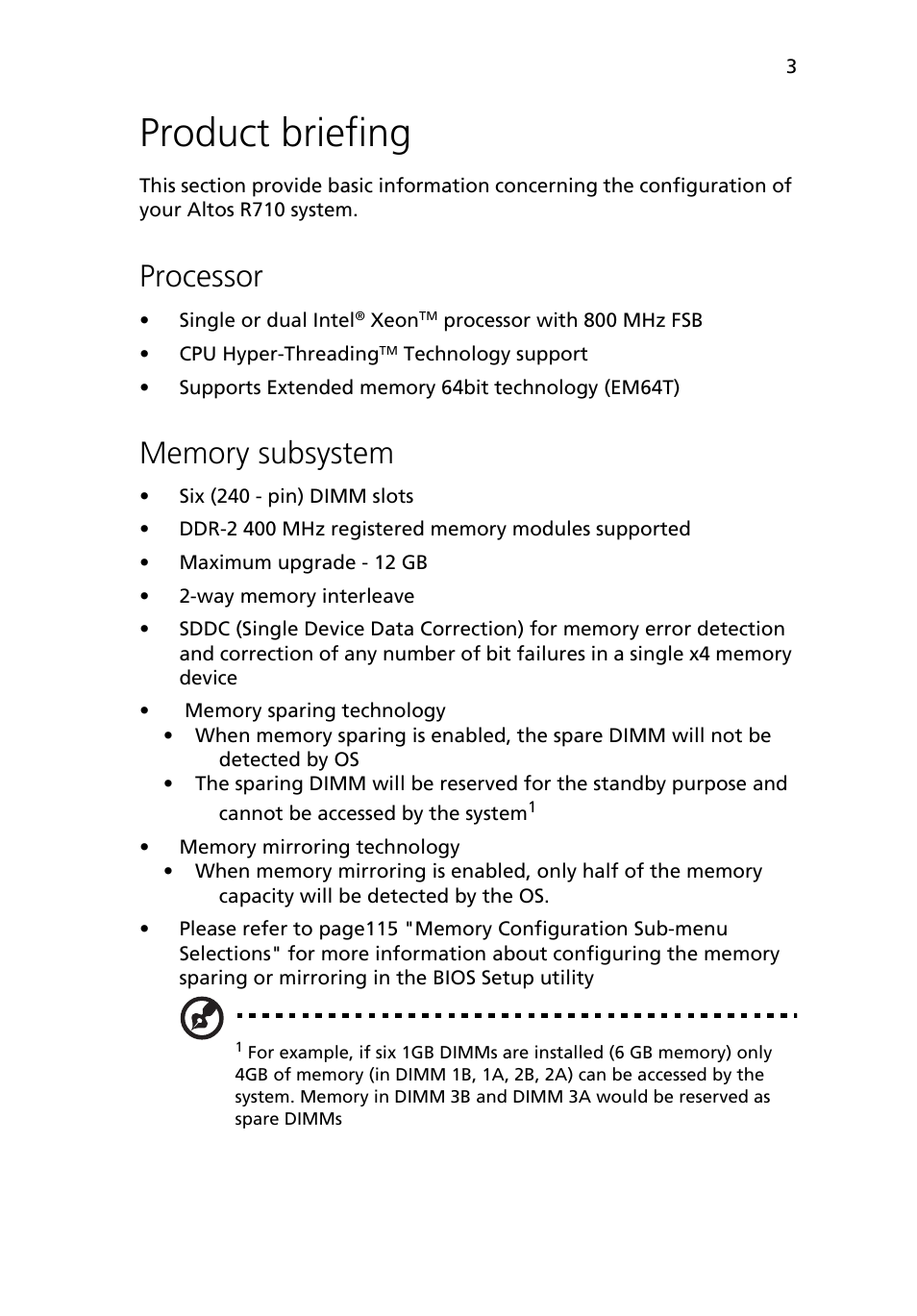 Product briefing, Processor, Memory subsystem | Acer Altos R710 User Manual | Page 15 / 214