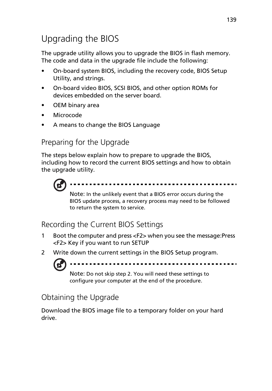 Upgrading the bios, Preparing for the upgrade, Recording the current bios settings | Obtaining the upgrade | Acer Altos R710 User Manual | Page 151 / 214