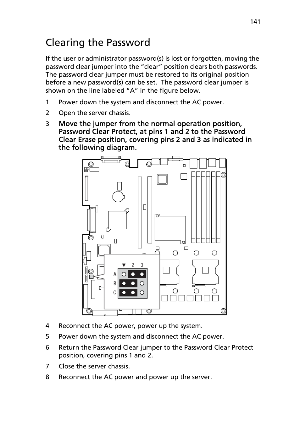 Clearing the password | Acer Altos R710 User Manual | Page 153 / 214