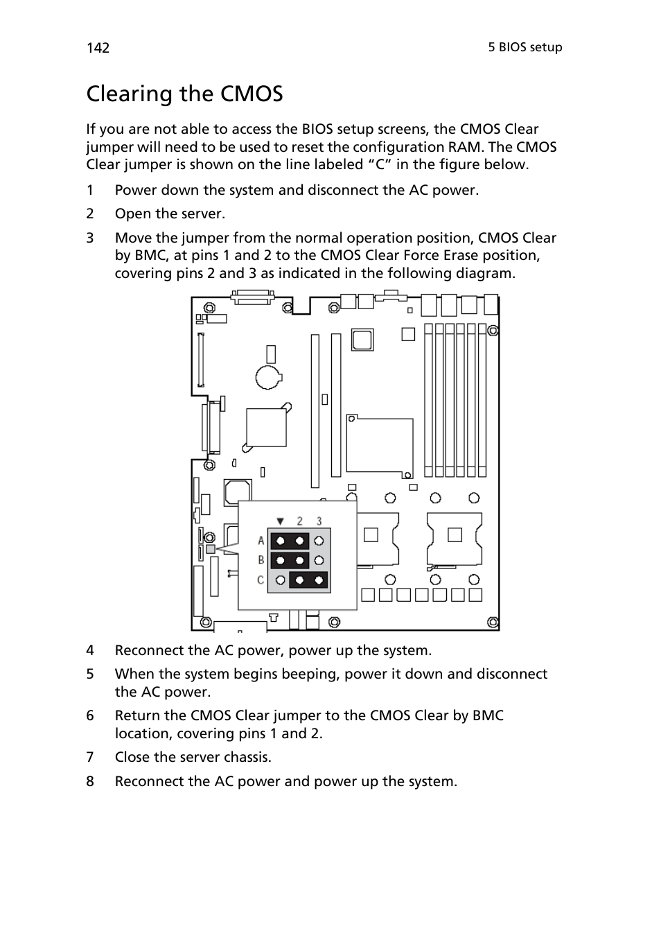 Clearing the cmos | Acer Altos R710 User Manual | Page 154 / 214