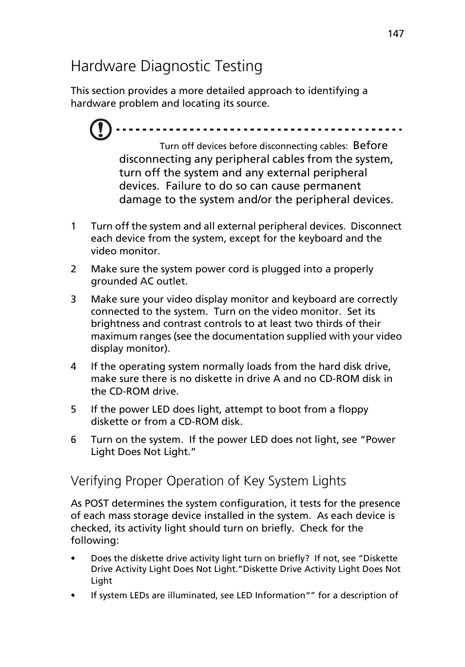 Hardware diagnostic testing, Verifying proper operation of key system lights147, Verifying proper operation of key system lights | Acer Altos R710 User Manual | Page 159 / 214