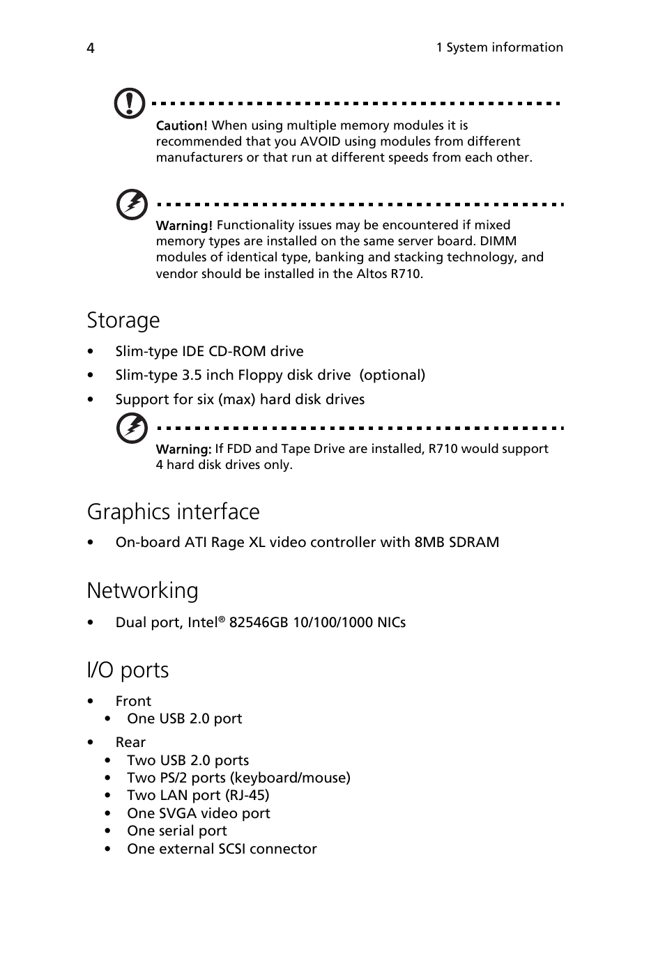 Storage, Graphics interface, Networking | I/o ports | Acer Altos R710 User Manual | Page 16 / 214