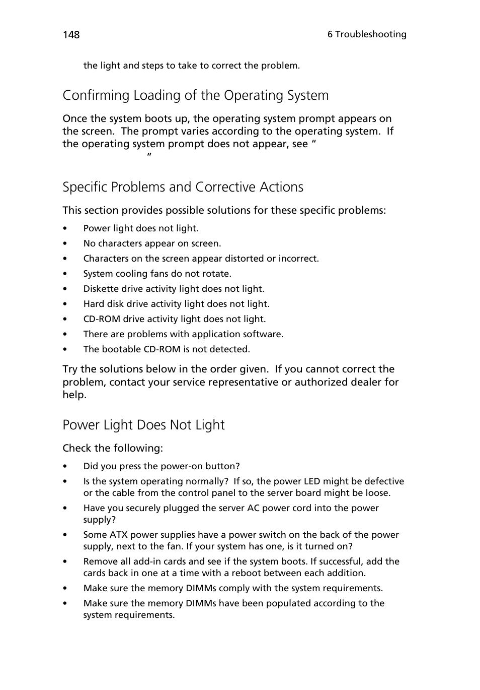 Confirming loading of the operating system, Specific problems and corrective actions, Power light does not light | Acer Altos R710 User Manual | Page 160 / 214