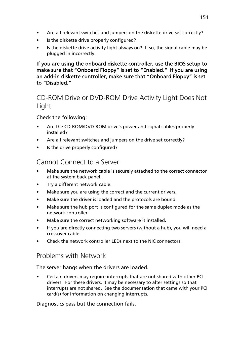 Cd-rom drive or dvd-rom drive activity, Cannot connect to a server, Problems with network | Acer Altos R710 User Manual | Page 163 / 214