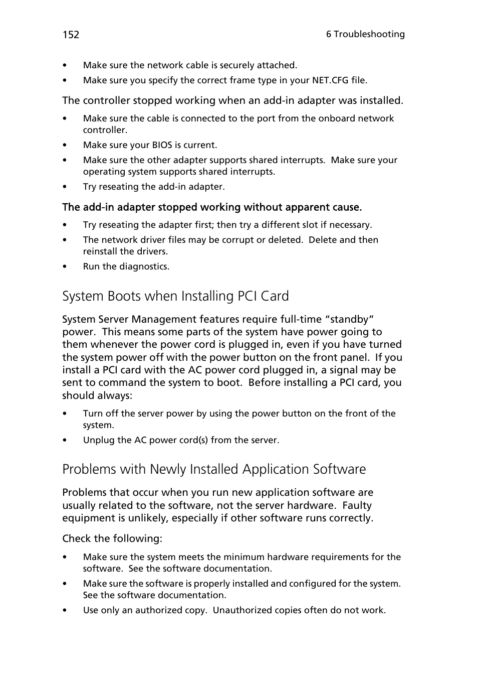 System boots when installing pci card, Problems with newly installed application, Problems with newly installed application software | Acer Altos R710 User Manual | Page 164 / 214