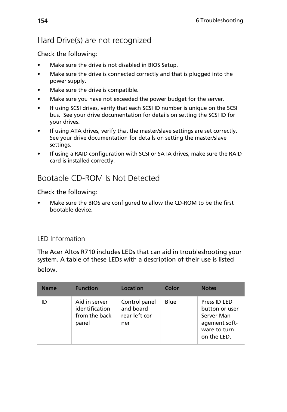 Hard drive(s) are not recognized, Bootable cd-rom is not detected | Acer Altos R710 User Manual | Page 166 / 214