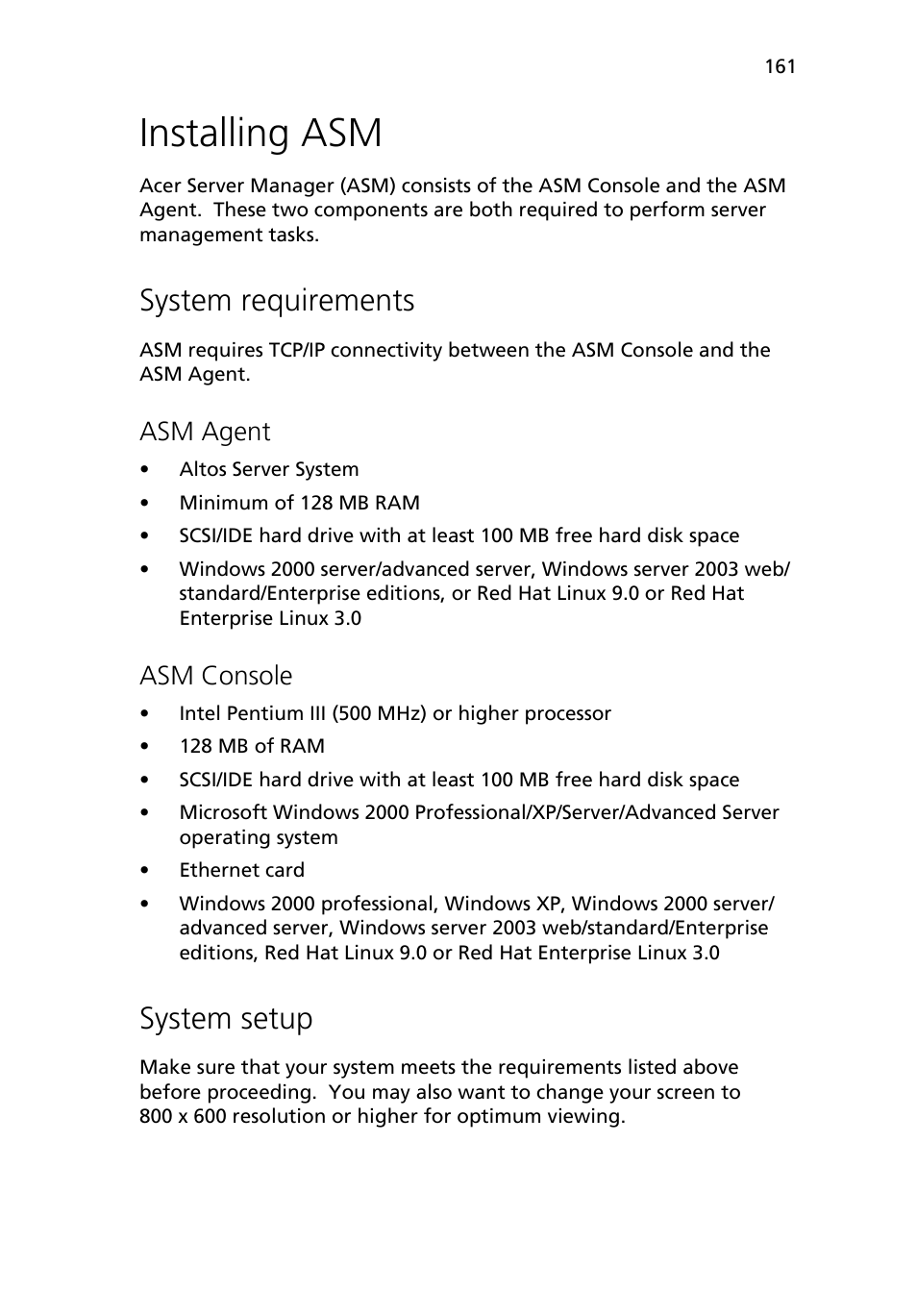 Installing asm, System requirements, System setup | Asm agent, Asm console | Acer Altos R710 User Manual | Page 173 / 214