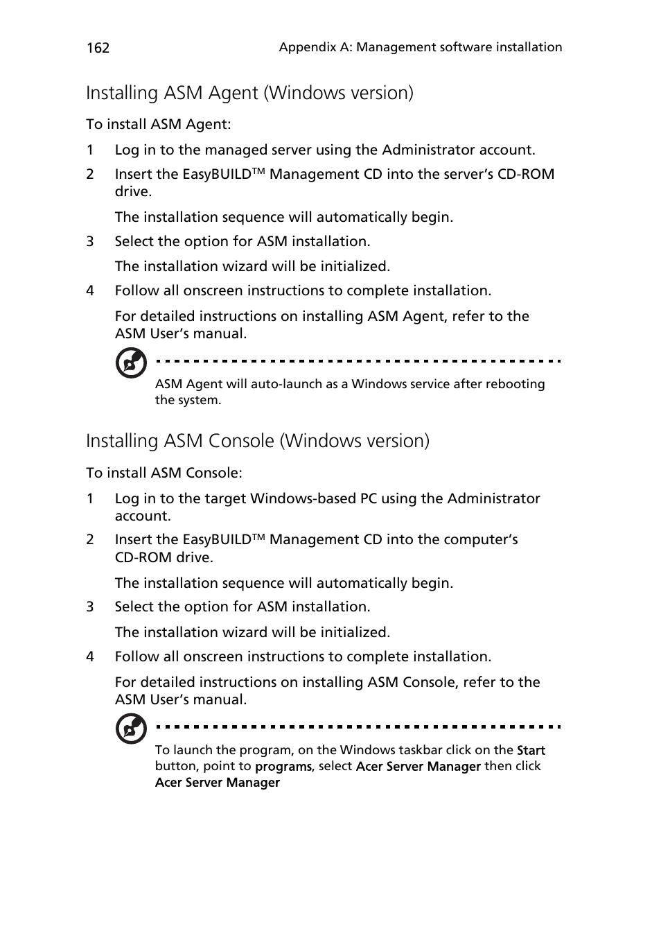 Installing asm agent (windows version), Installing asm console (windows version) | Acer Altos R710 User Manual | Page 174 / 214