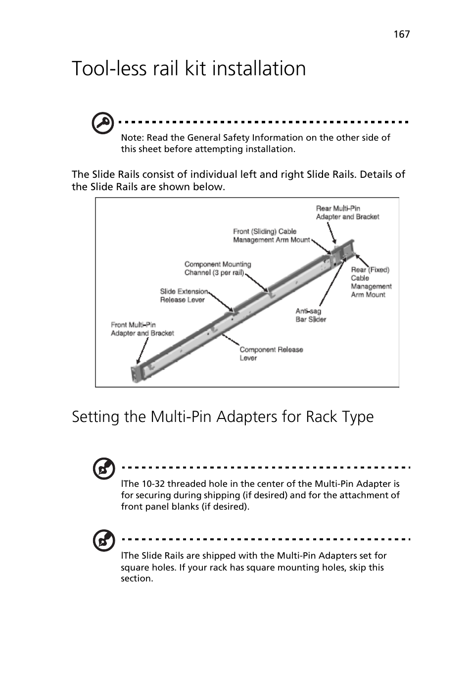 Tool-less rail kit installation, Setting the multi-pin adapters for rack type | Acer Altos R710 User Manual | Page 179 / 214