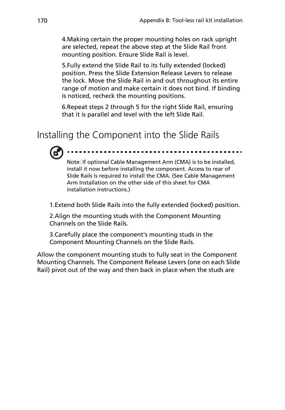 Installing the component into the slide rails | Acer Altos R710 User Manual | Page 182 / 214