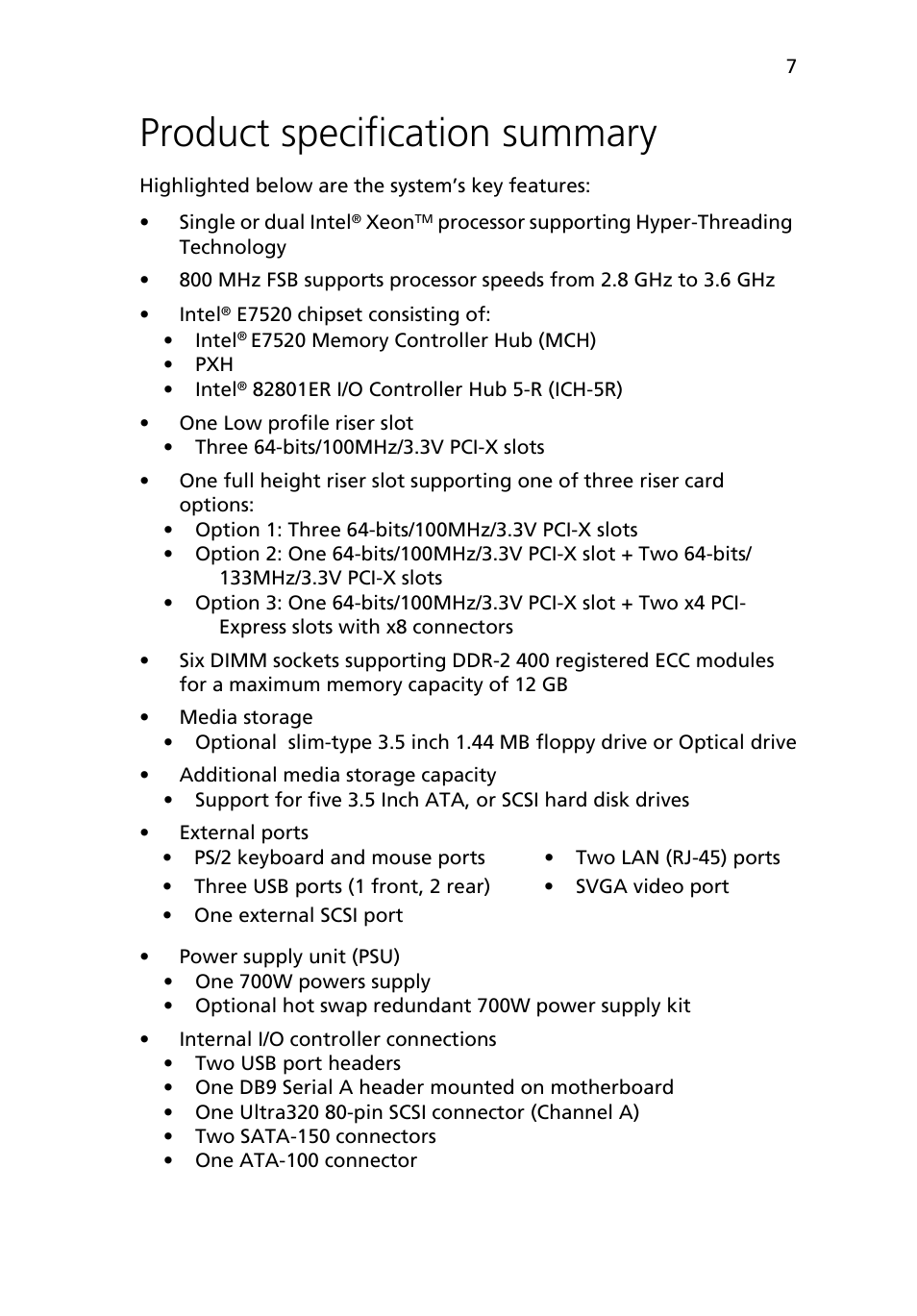 Product specification summary | Acer Altos R710 User Manual | Page 19 / 214