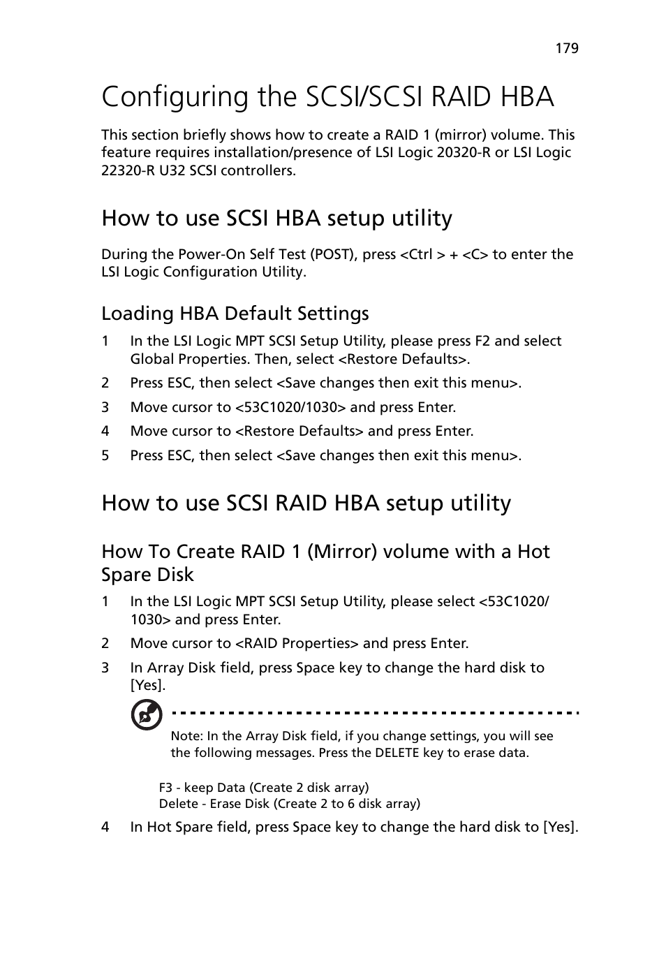 Configuring the scsi/scsi raid hba, How to use scsi hba setup utility, How to use scsi raid hba setup utility | Loading hba default settings, How to create raid 1 (mirror) volume with a | Acer Altos R710 User Manual | Page 191 / 214