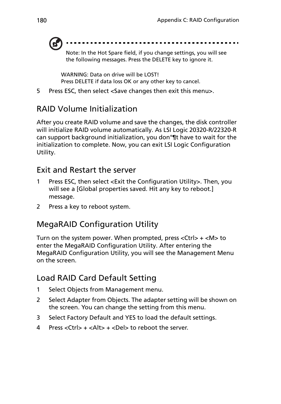 Raid volume initialization, Exit and restart the server, Megaraid configuration utility | Load raid card default setting | Acer Altos R710 User Manual | Page 192 / 214