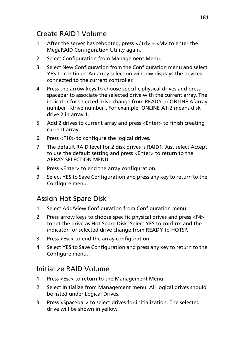 Create raid1 volume, Assign hot spare disk, Initialize raid volume | Acer Altos R710 User Manual | Page 193 / 214