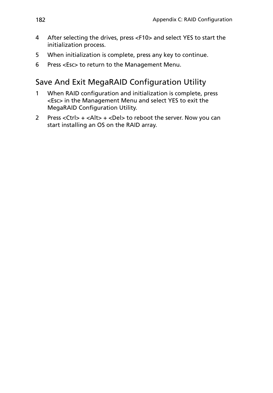 Save and exit megaraid configuration utility 182, Save and exit megaraid configuration utility | Acer Altos R710 User Manual | Page 194 / 214