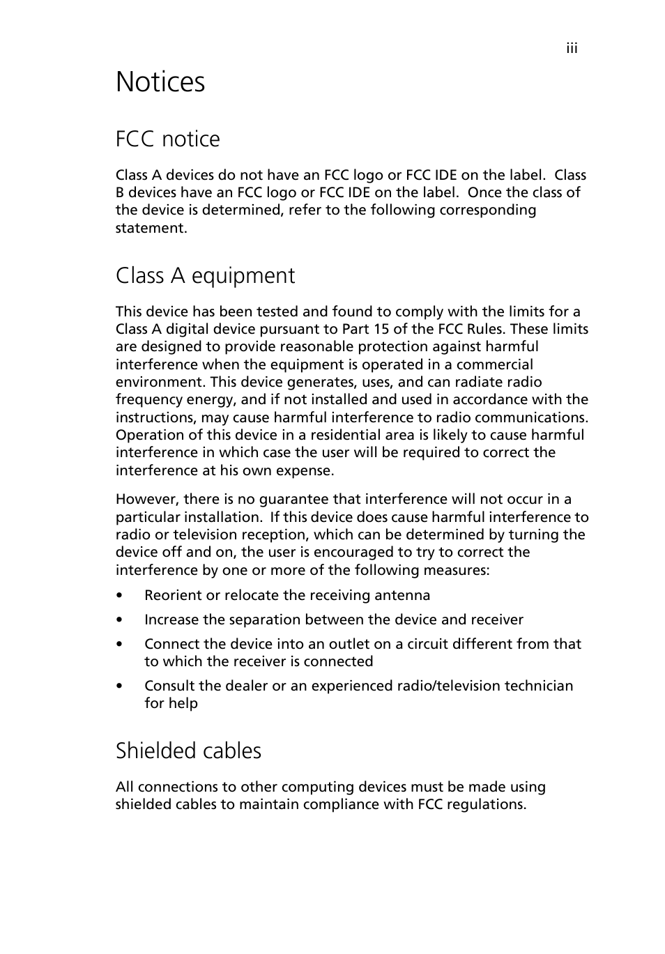 Notices, Fcc notice, Class a equipment | Shielded cables | Acer Altos R710 User Manual | Page 3 / 214