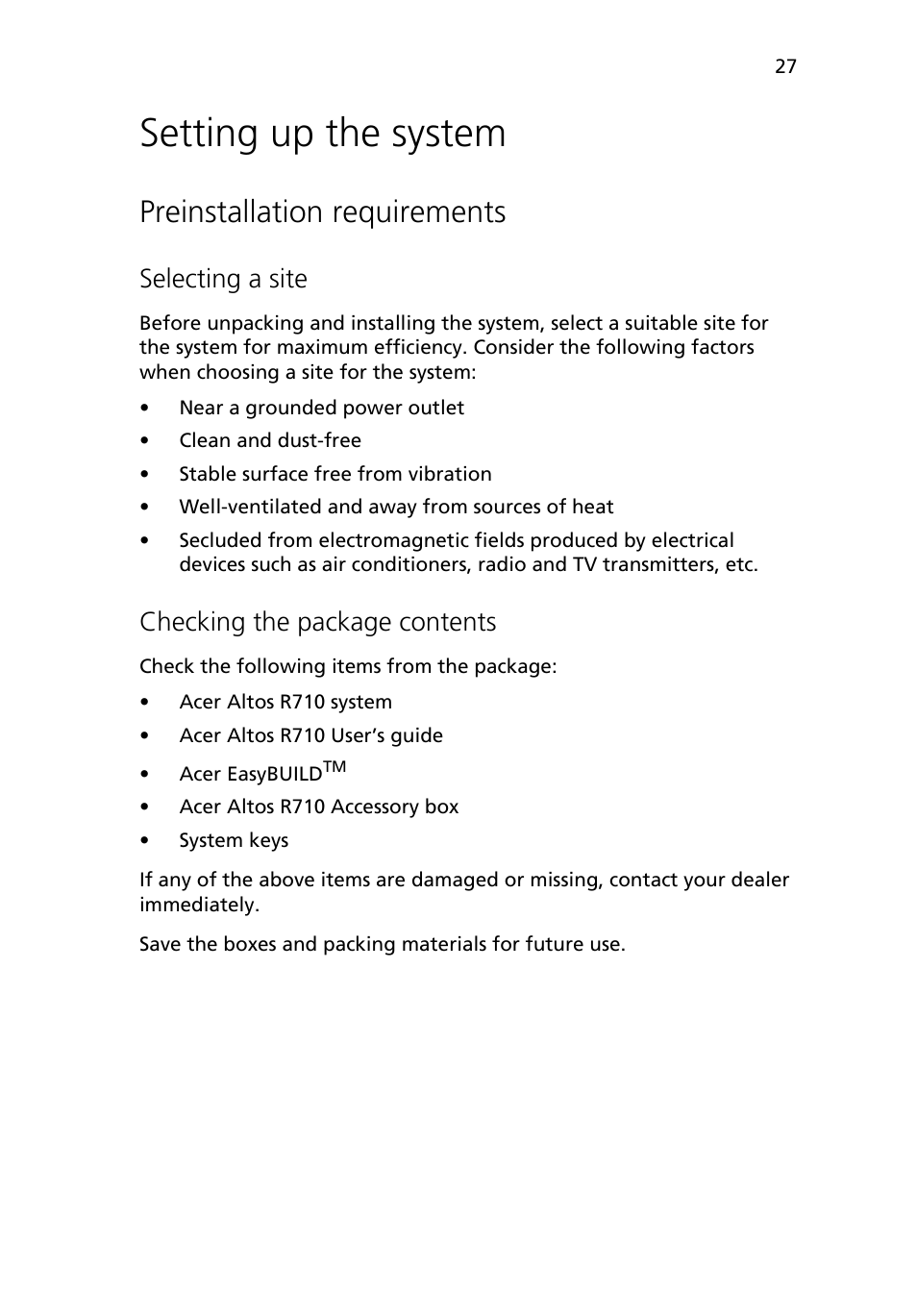 Setting up the system, Preinstallation requirements, Selecting a site | Checking the package contents | Acer Altos R710 User Manual | Page 39 / 214