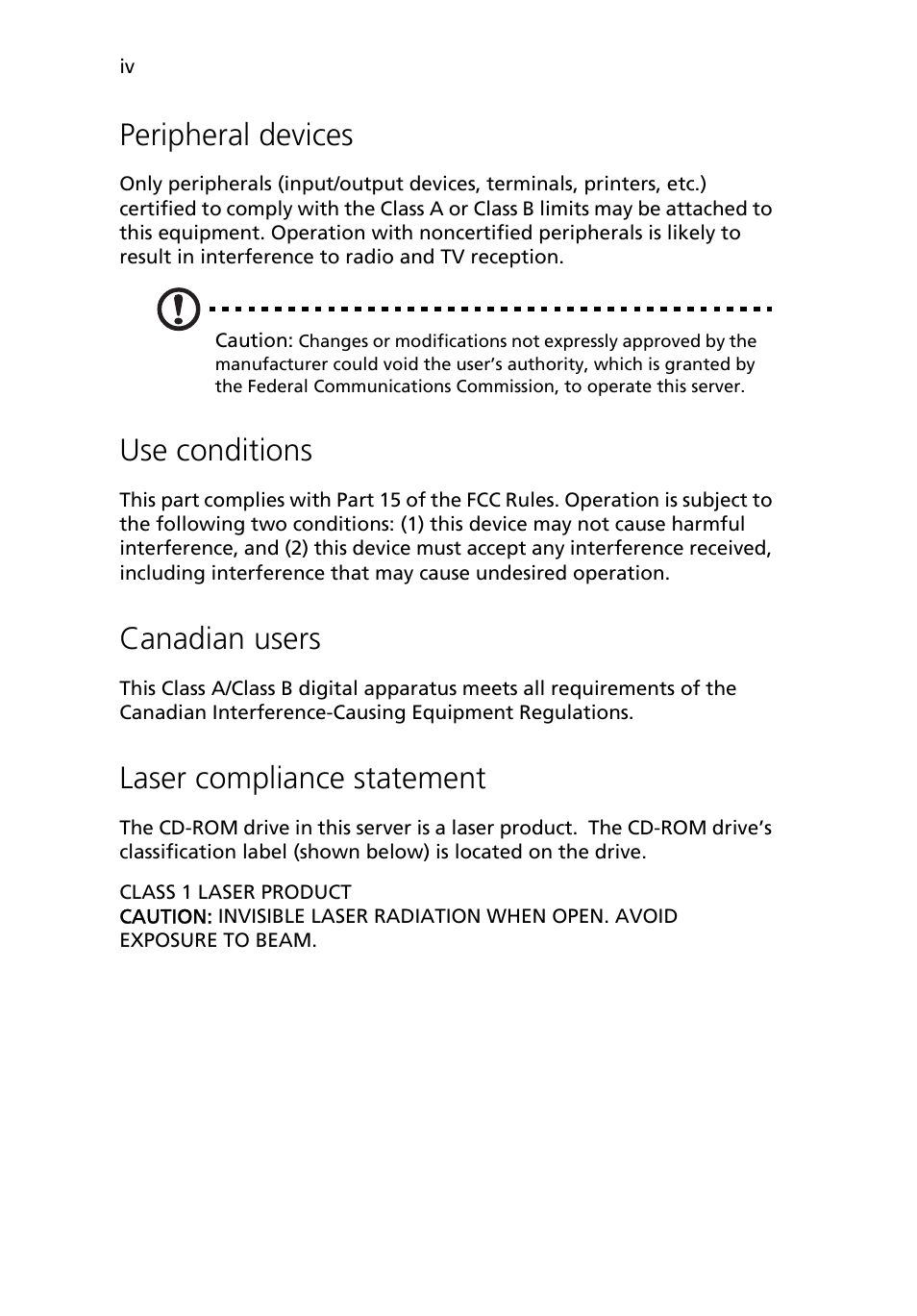 Peripheral devices, Use conditions, Canadian users | Laser compliance statement | Acer Altos R710 User Manual | Page 4 / 214