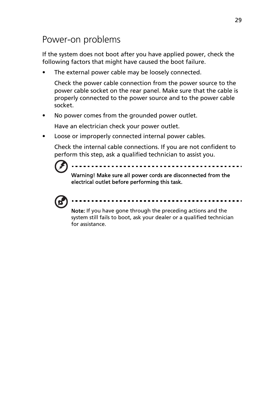 Power-on problems | Acer Altos R710 User Manual | Page 41 / 214