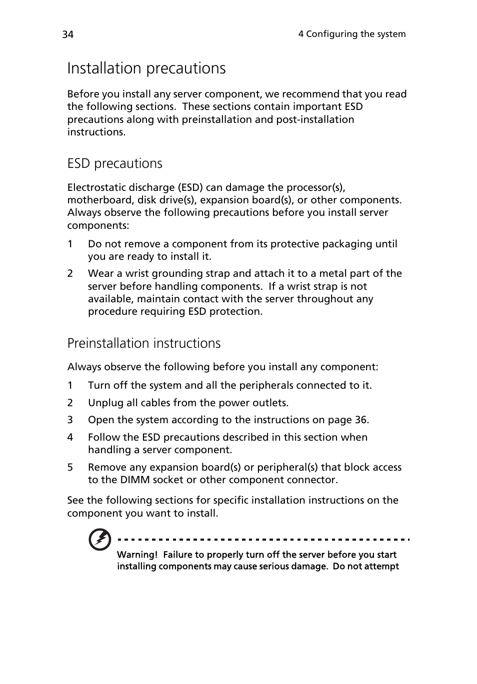 Installation precautions, Esd precautions, Preinstallation instructions | Acer Altos R710 User Manual | Page 46 / 214