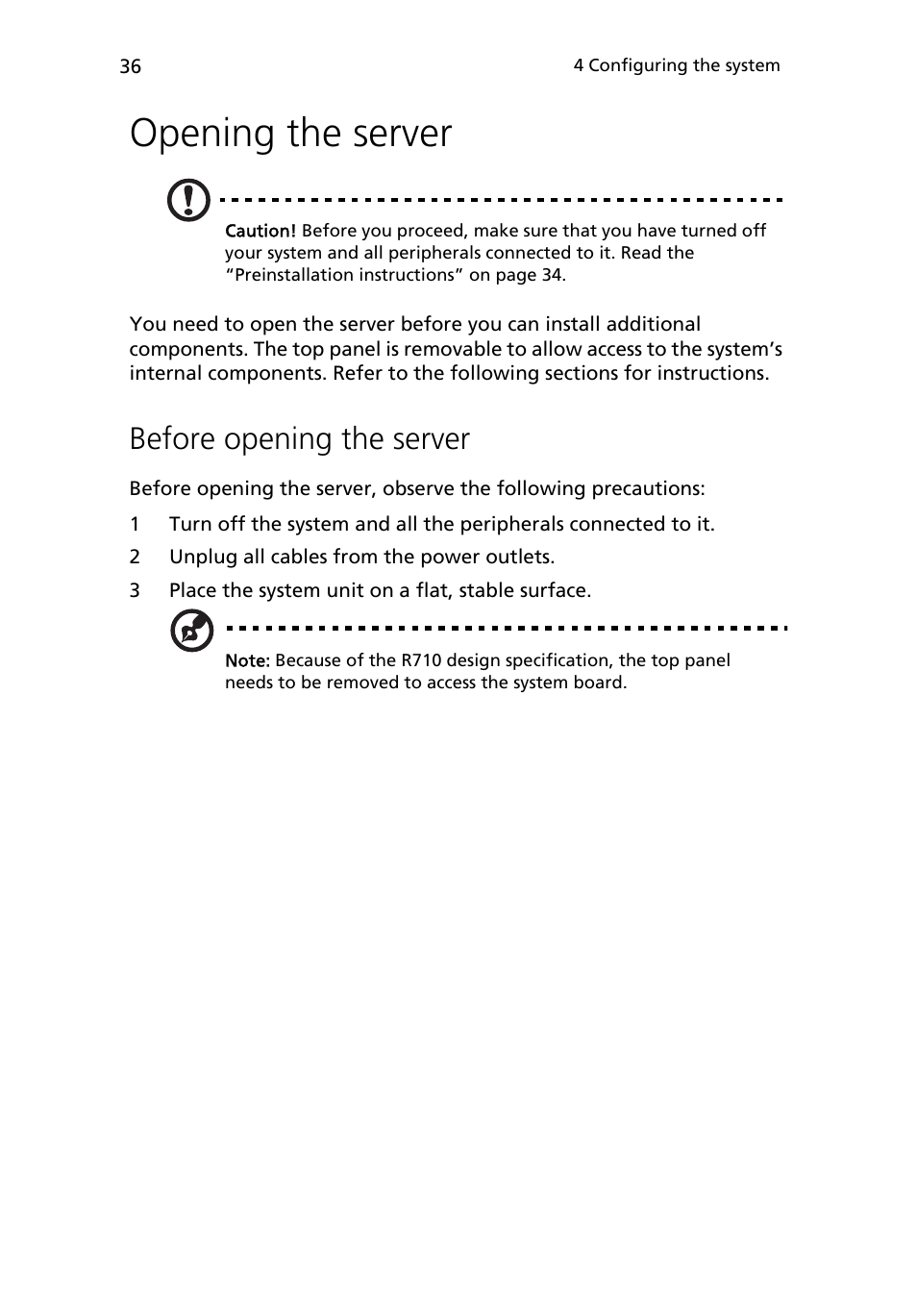 Opening the server, Before opening the server | Acer Altos R710 User Manual | Page 48 / 214