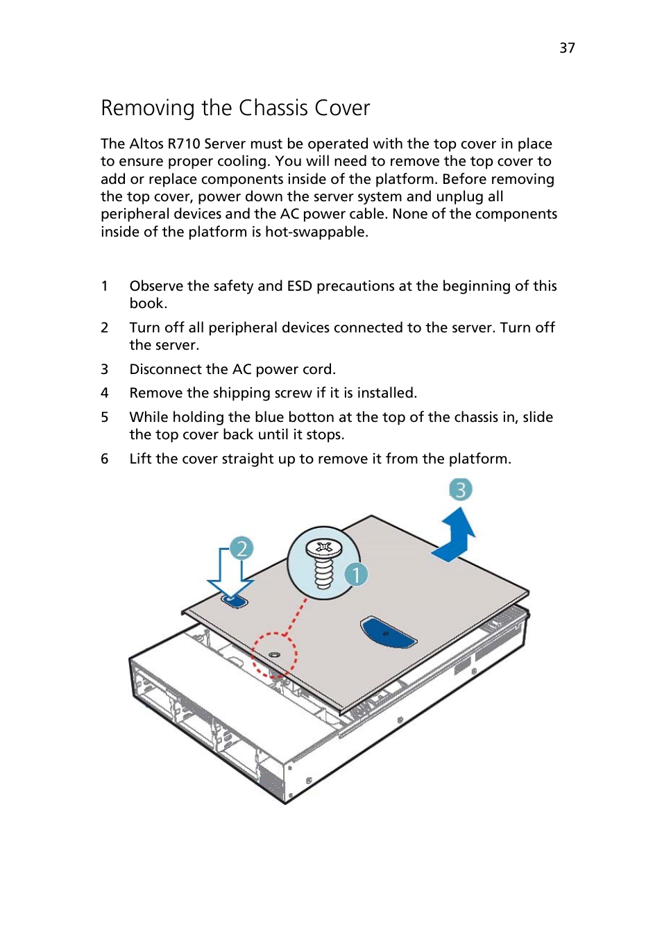 Removing the chassis cover | Acer Altos R710 User Manual | Page 49 / 214