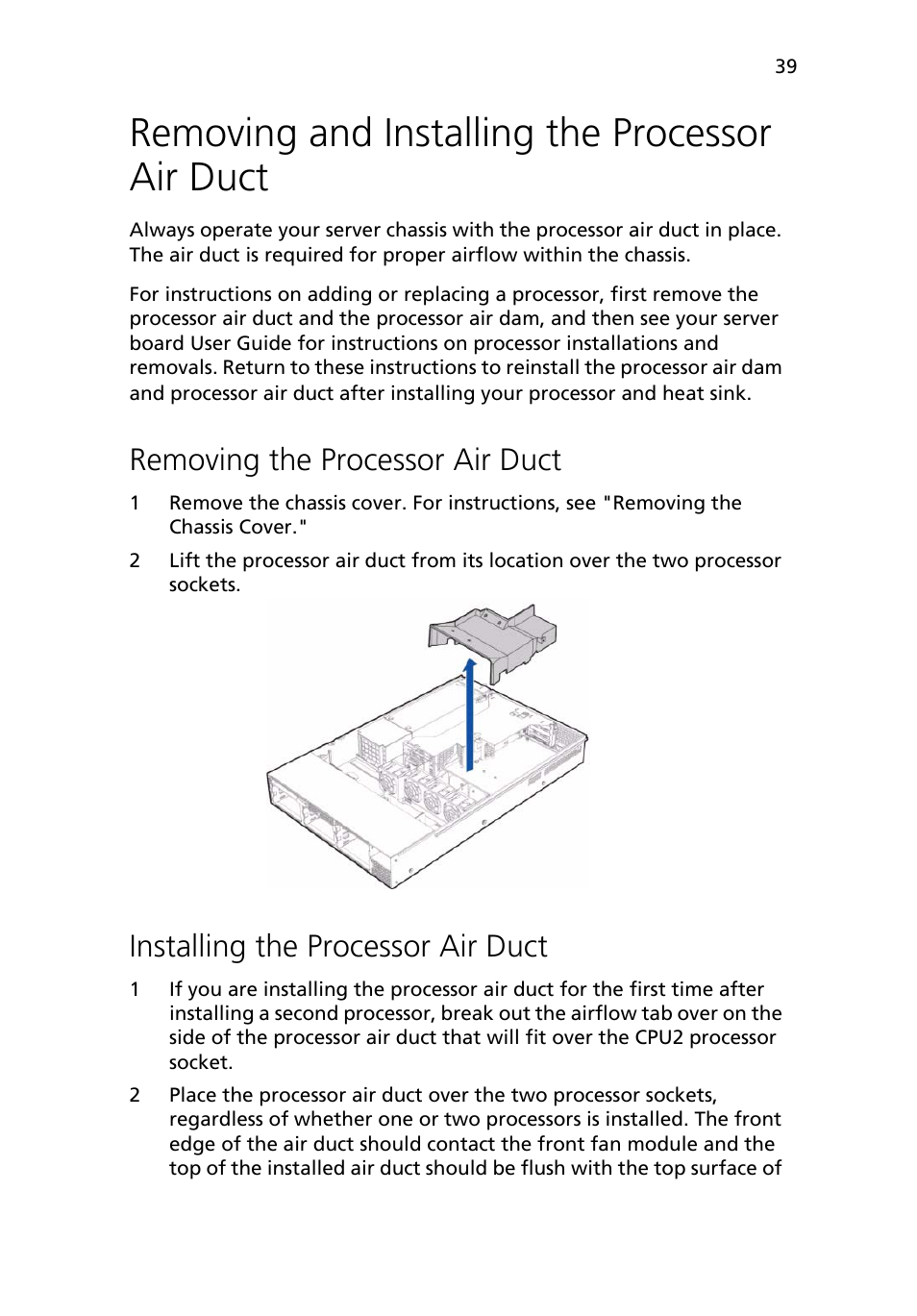 Removing and installing the processor air duct, Removing the processor air duct, Installing the processor air duct | Acer Altos R710 User Manual | Page 51 / 214