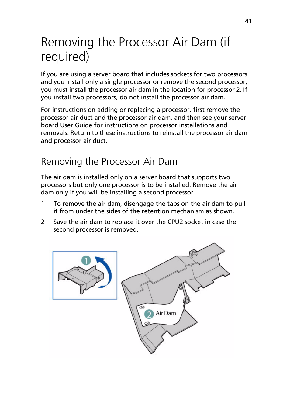 Removing the processor air dam (if required), Removing the processor air dam | Acer Altos R710 User Manual | Page 53 / 214